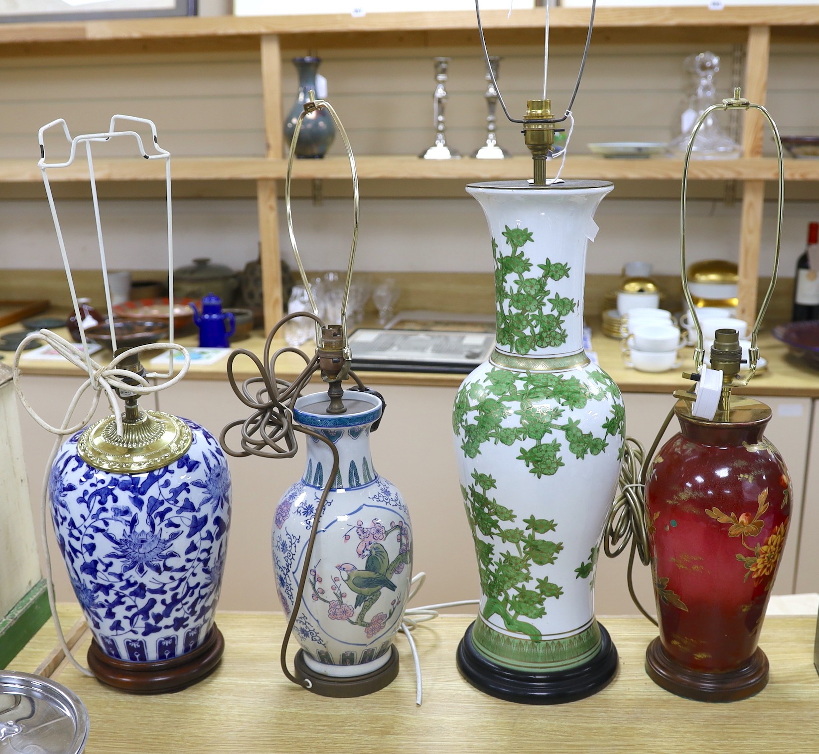 Four various Chinese ceramic lamp bases, tallest 55cms, not including light fitting